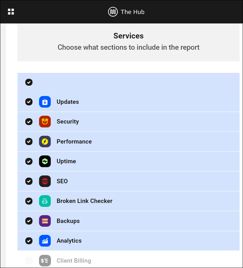 L'écran Hub - Configuration du rapport client