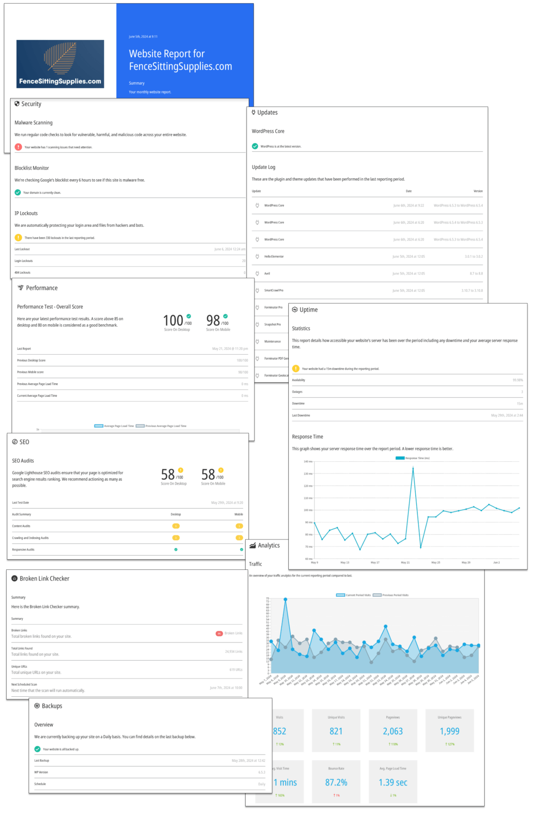 Un montage des pages de rapport client en marque blanche de WPMU DEV.