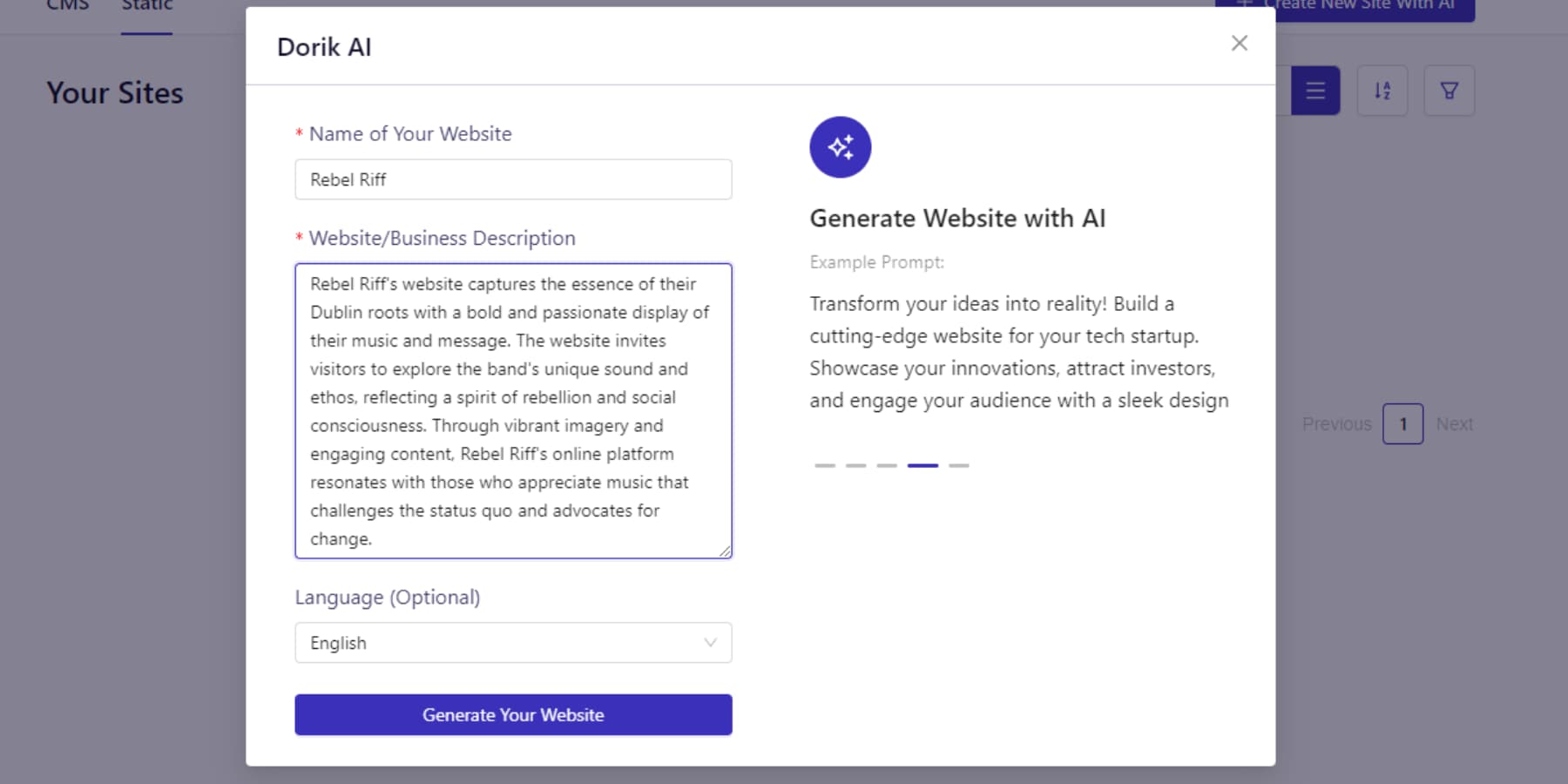 向 Dorik 的 AI 构建器字段添加描述的屏幕截图