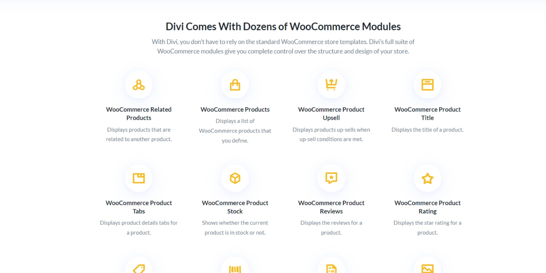 Ein Screenshot einiger WooCommerce-Module von Divi