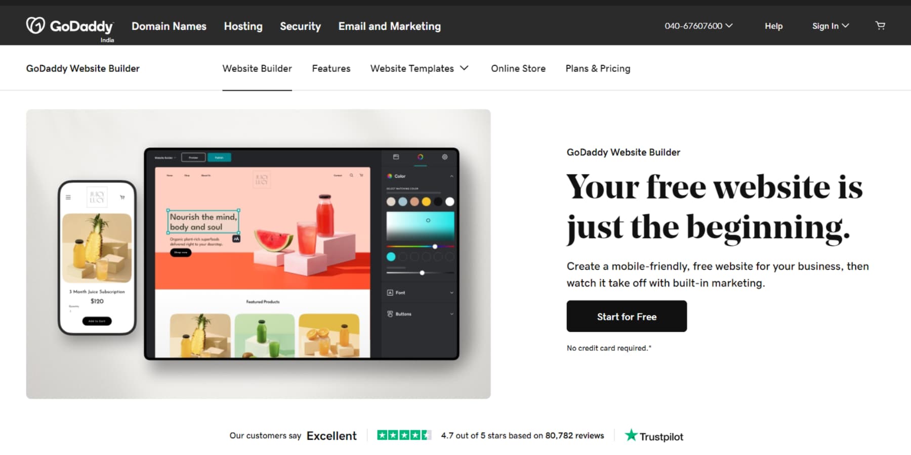 Una captura de pantalla de la página de inicio de Godaddy Website Builder