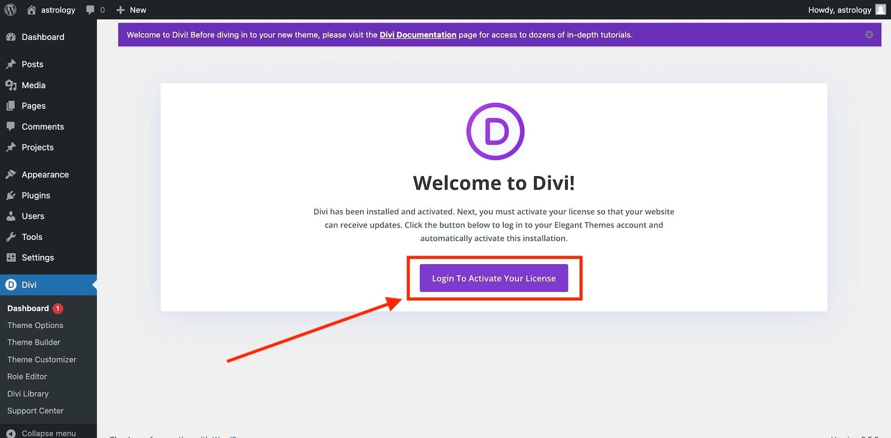 登录以激活您的 divi 许可证