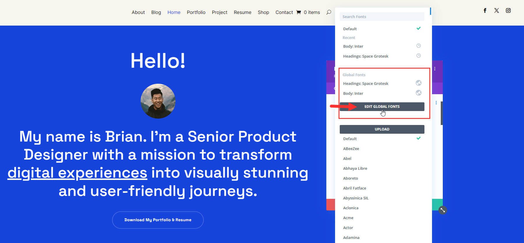 Divi에서 전역 글꼴 편집하기