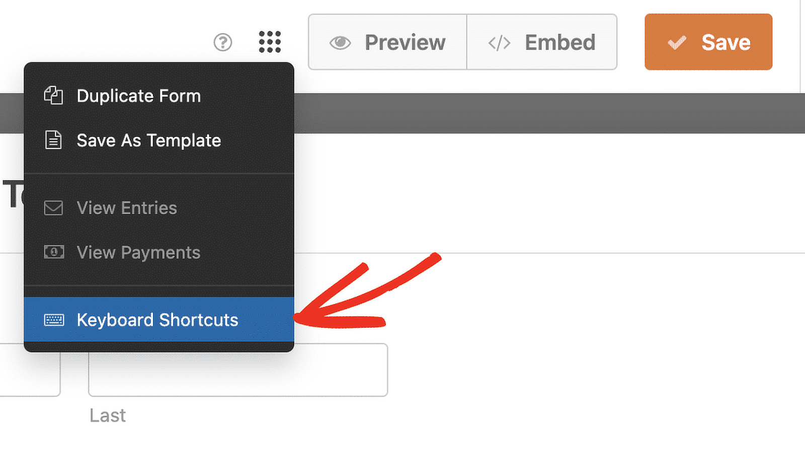 WPForms features - select keyboard shortcuts