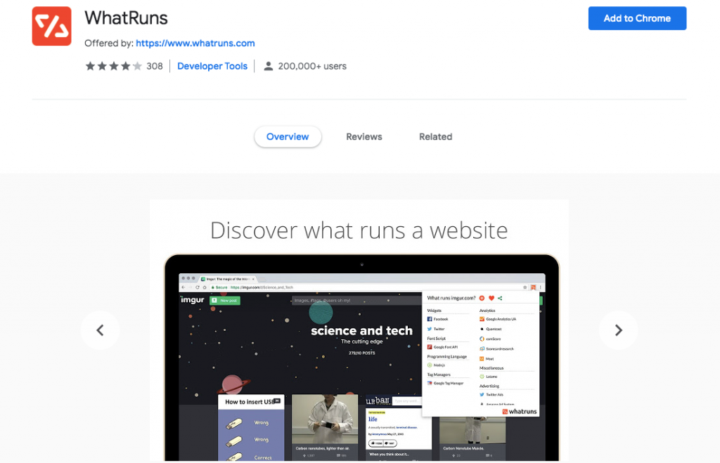 Rozszerzenie WhatRuns dla Chrome WordPress