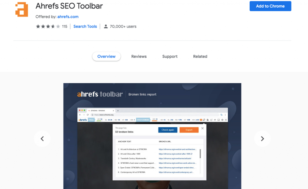 ส่วนขยาย Chrome ของเครื่องมือ Ahrefs SEO