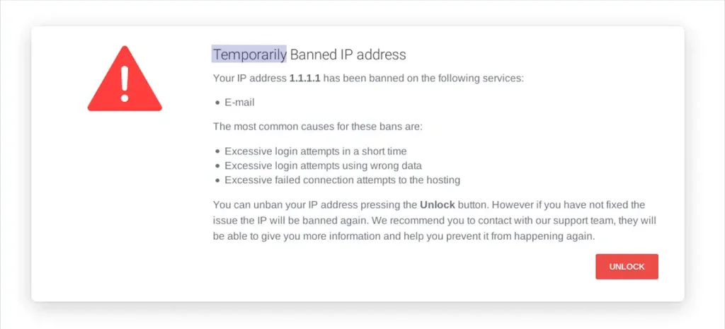 顯示某個 IP 位址已被禁止的範例訊息