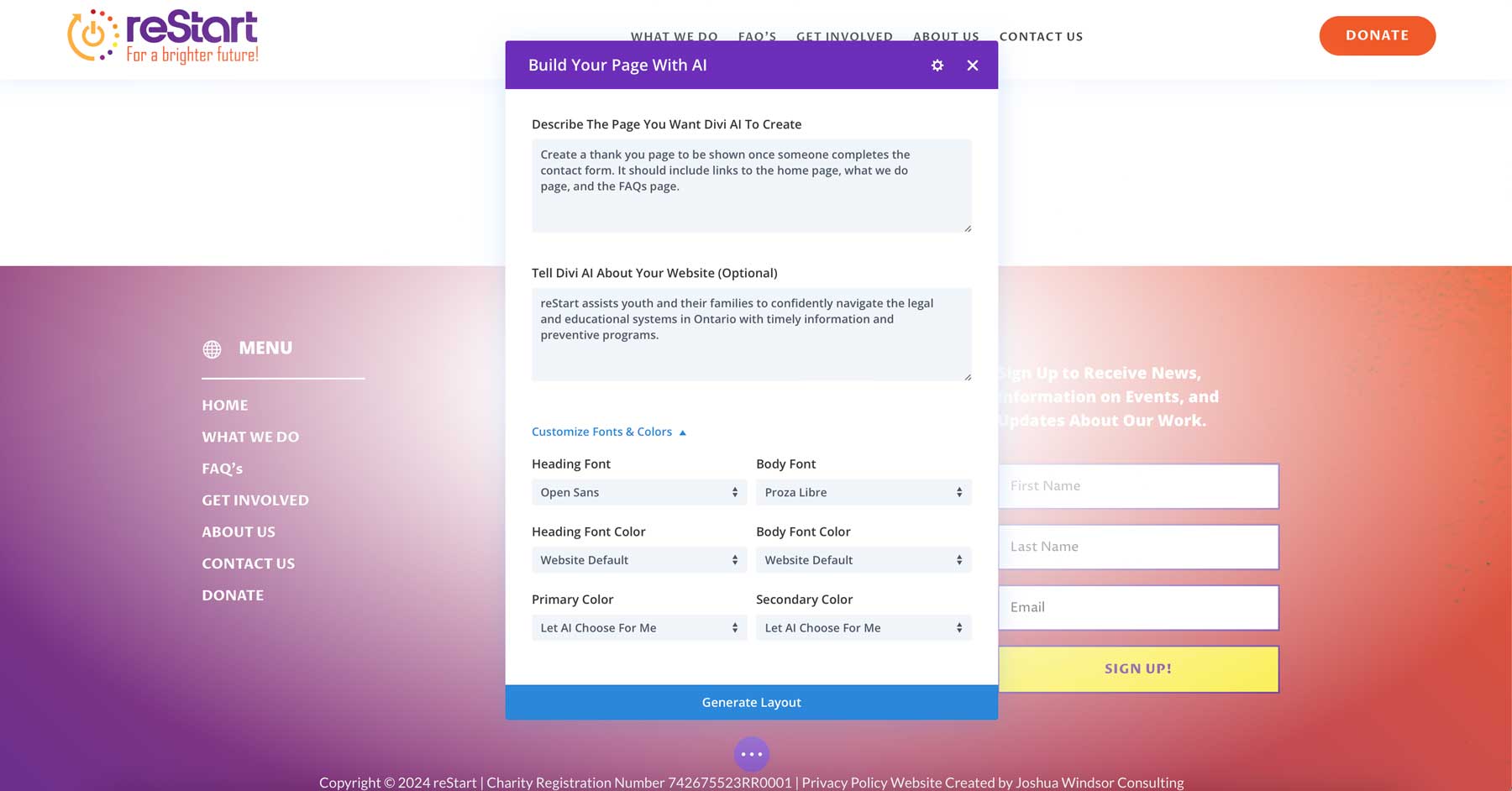 Pembuatan halaman AI Divi Layouts