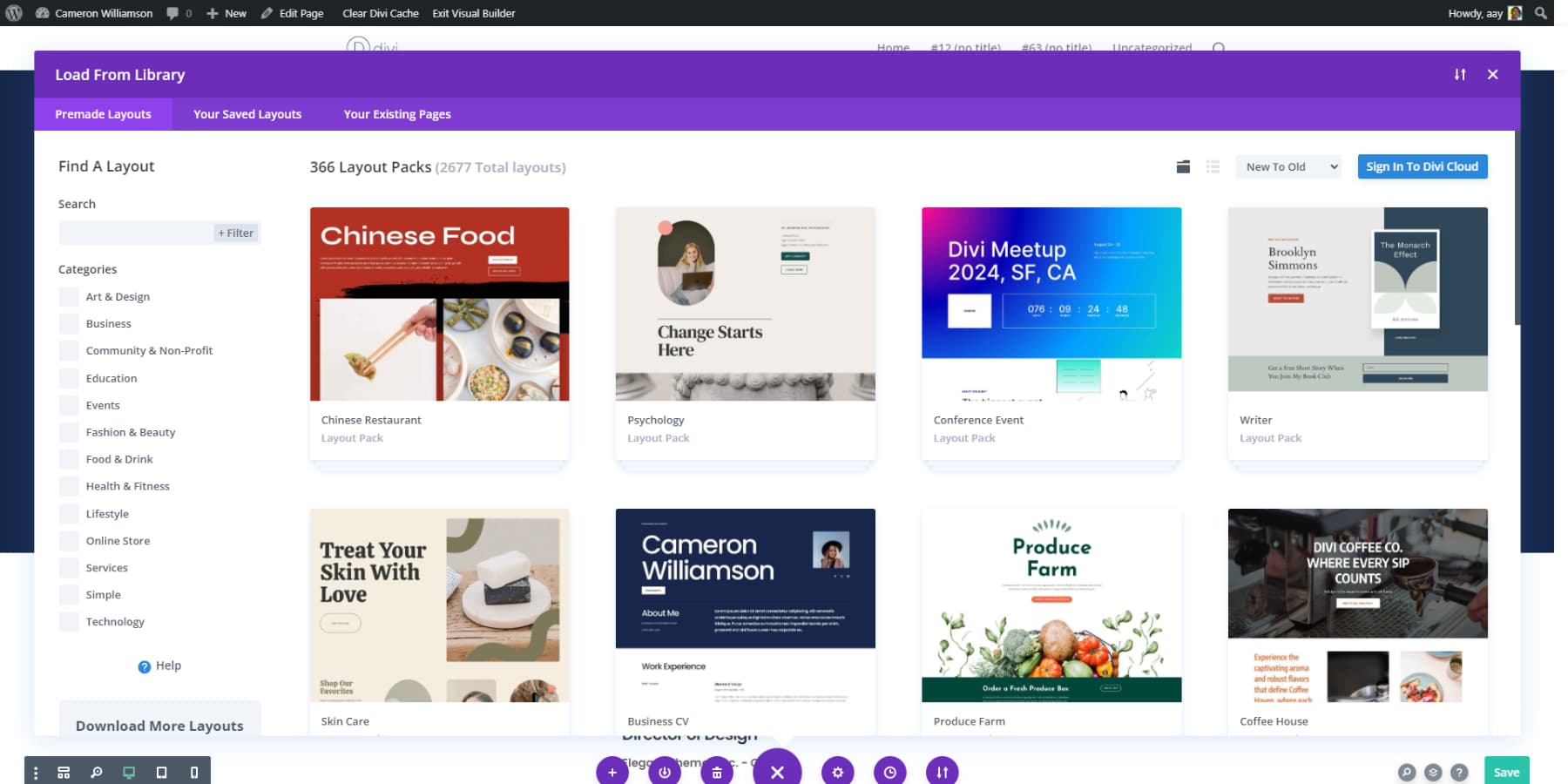 Uno screenshot di Divi Layouts accessibile dall'editor di Divi