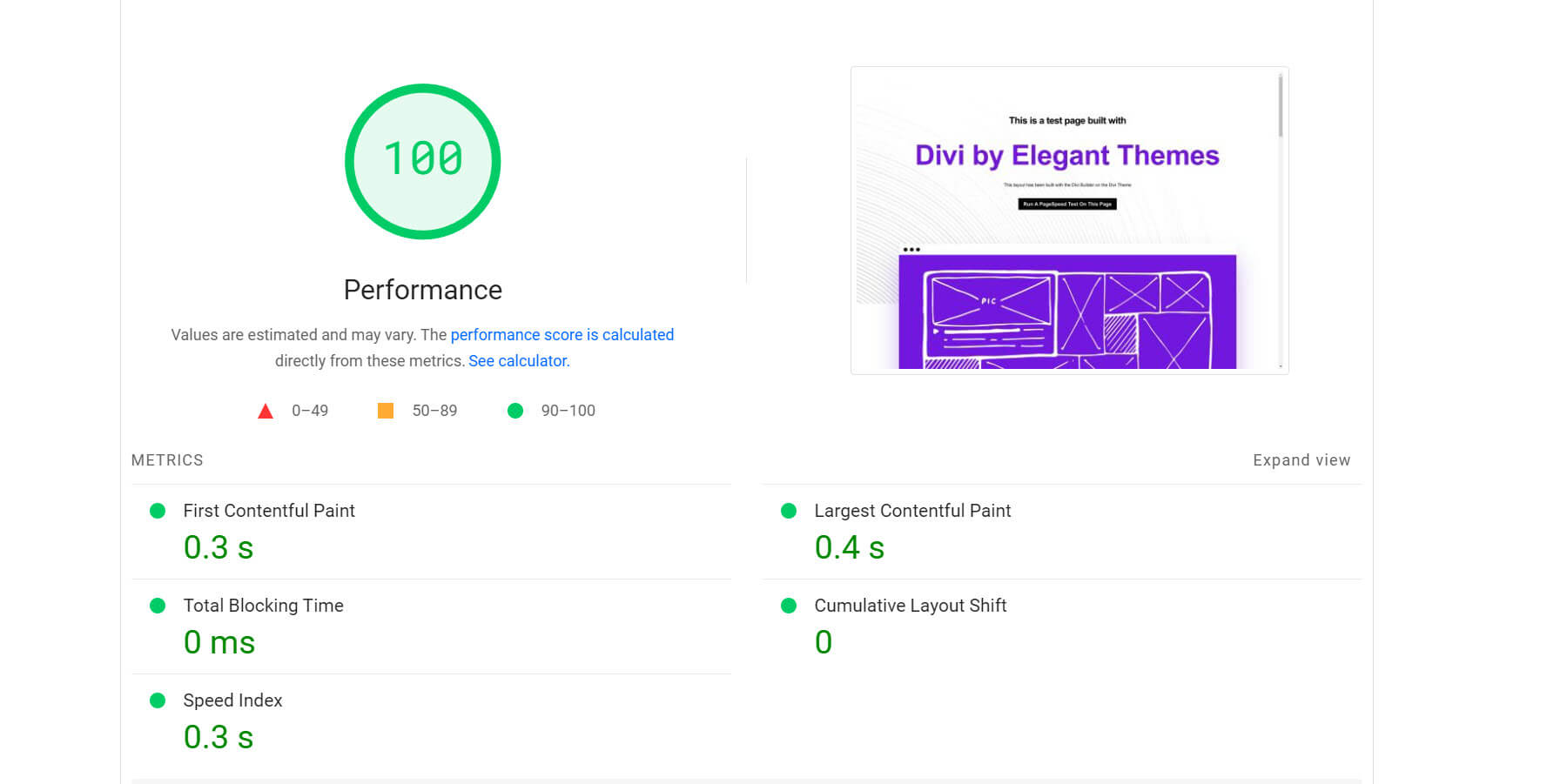 Divi 測驗站點效能得分