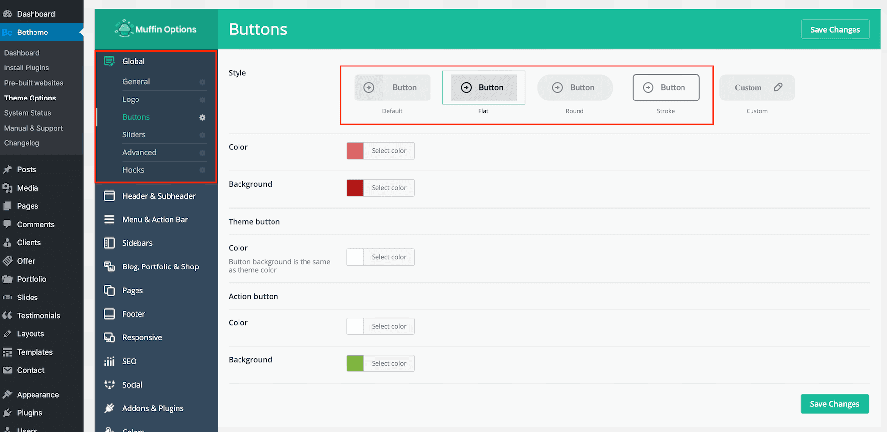 Betheme-Optionen für globale Einstellungen