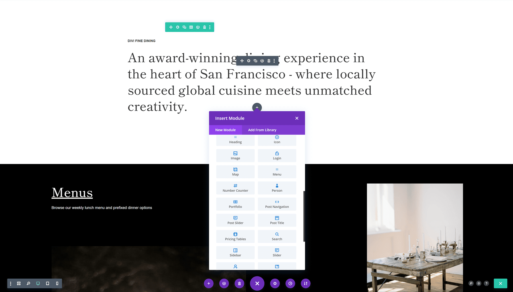 Скриншот добавления модуля Divi на страницу