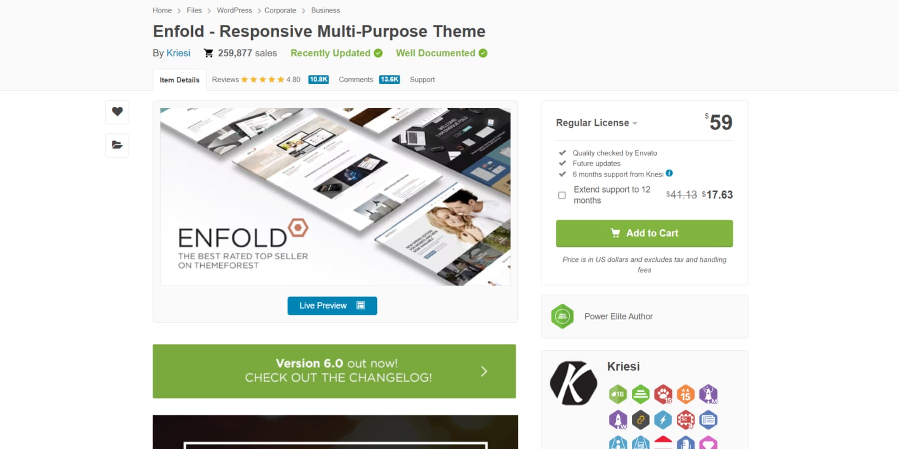 لقطة شاشة لصفحة Enfold الرئيسية على Themeforest