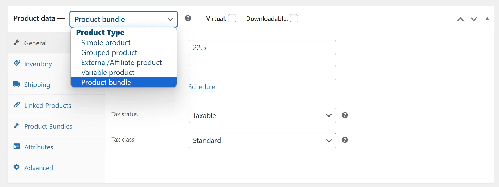 Alegerea opțiunii Pachet de produse din meniul drop-down Tip de produs din pagina unui produs WooCommerce.