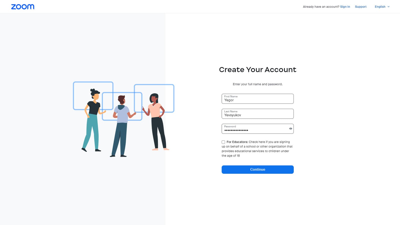 Gráfico de un formulario de registro requerido para nuevos usuarios de la aplicación Zoom.