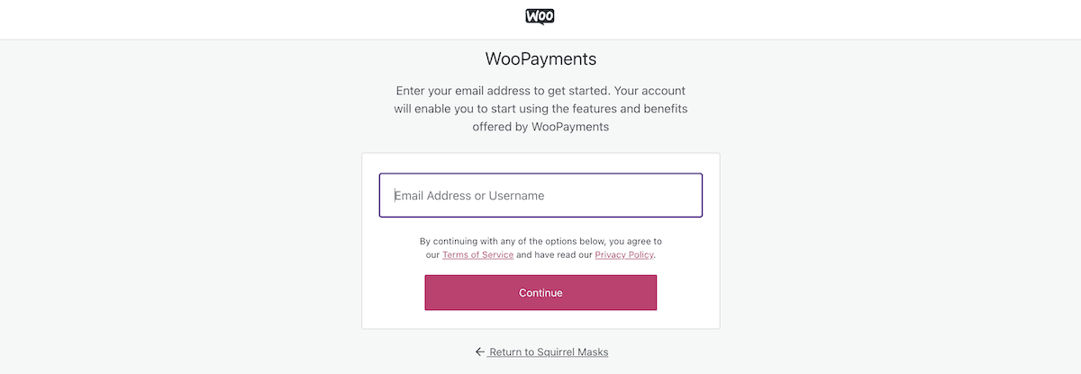 Adăugarea unei adrese de e-mail la WooPayments pentru a începe conectarea acesteia la magazinul dvs. WooCommerce.