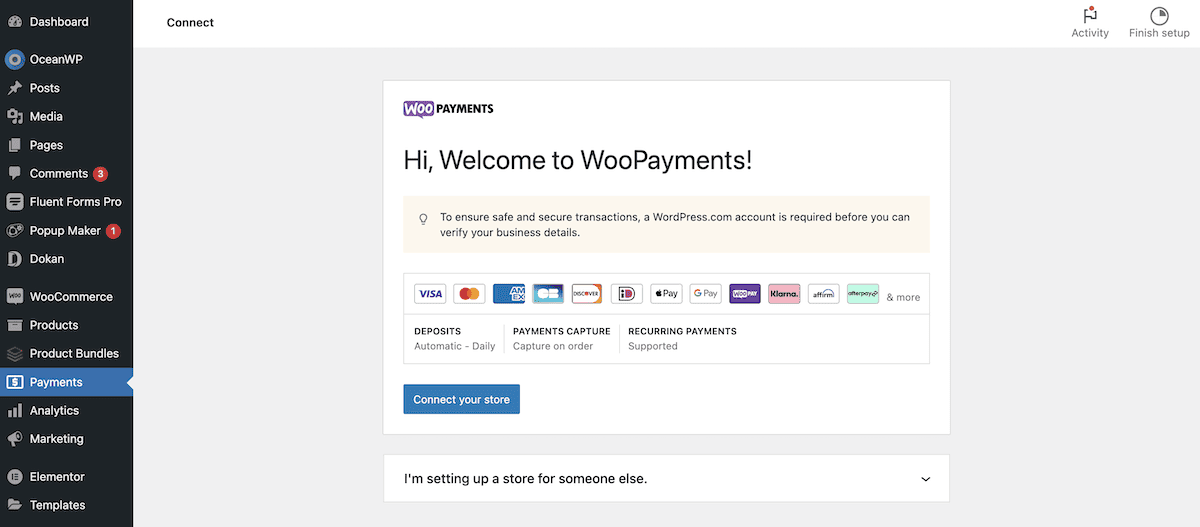 WooPayments 設定精靈的「連線」頁面。