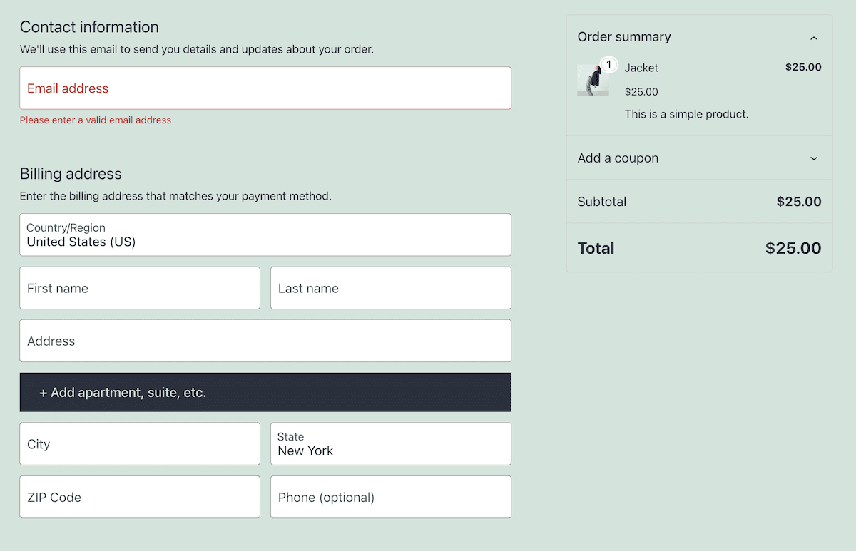 Halaman checkout di toko WooCommerce yang menampilkan antarmuka WooPayments untuk transaksi.