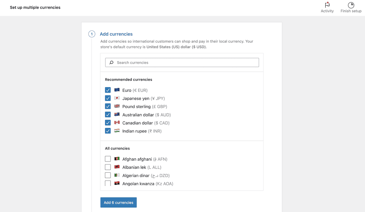 La configuración de múltiples monedas dentro de WooPayments.