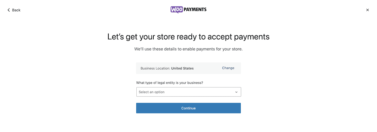 WooPayments 内で法人情報を入力します。