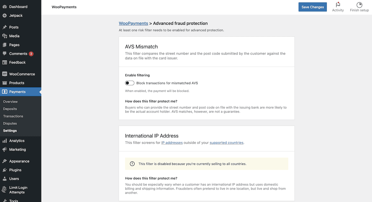 La configuración de Protección avanzada contra fraudes dentro de WooPayments.