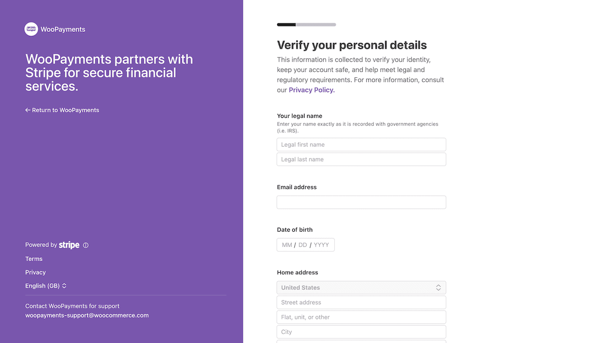 إدخال المعلومات الشخصية في شاشة إعداد Stripe WooPayments.