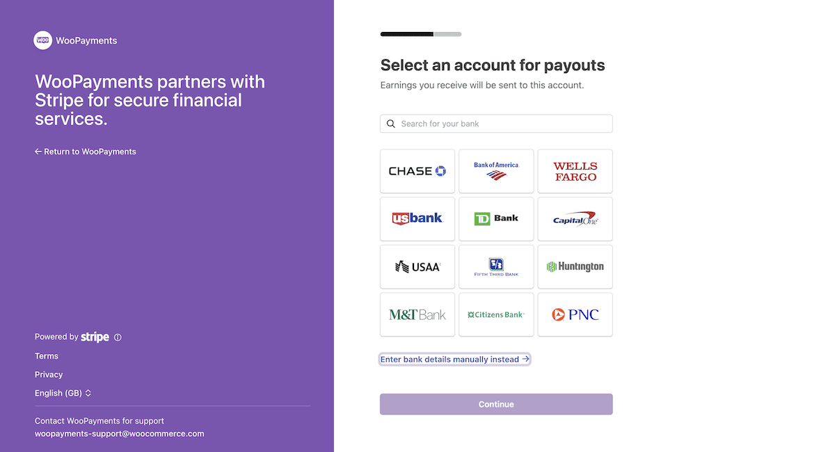 Scegliere una banca specifica da un elenco nella schermata di configurazione di WooPayments di Stripe.