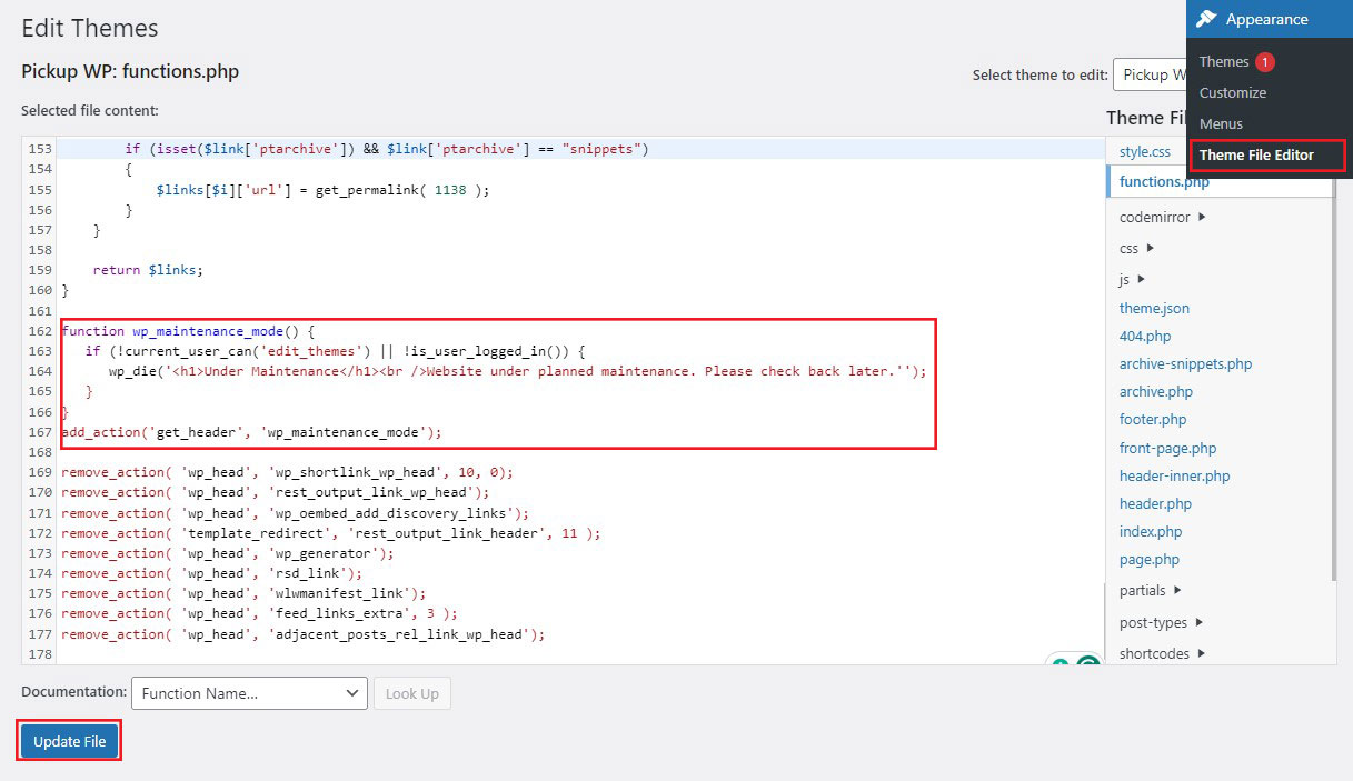 เขียนข้อมูลโค้ดสำหรับโหมดการบำรุงรักษาในไฟล์ตัวแก้ไขธีม WordPress