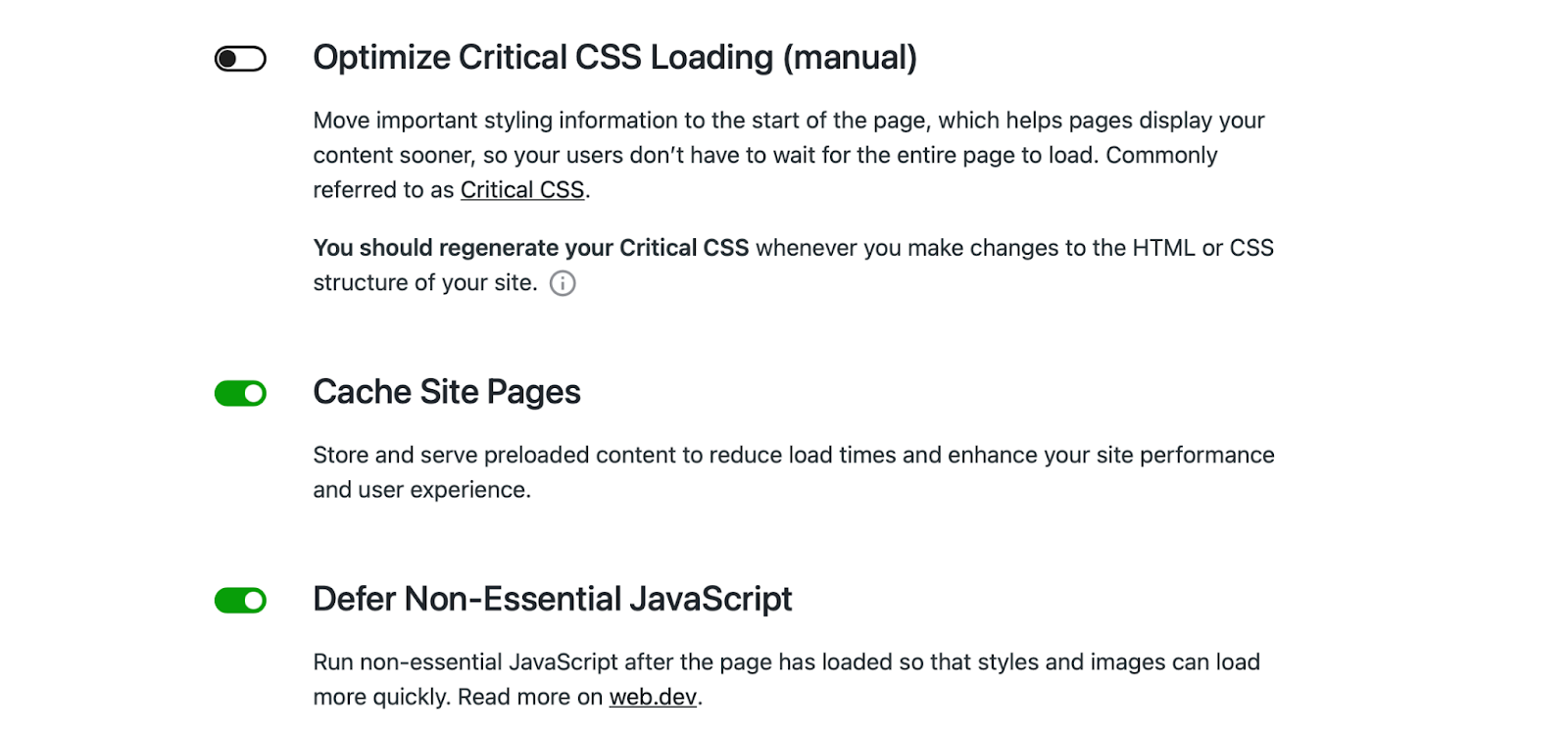 Un instantané des fonctionnalités de Jetpack Boost, notamment l'optimisation CSS et JS ainsi que la mise en cache des pages.