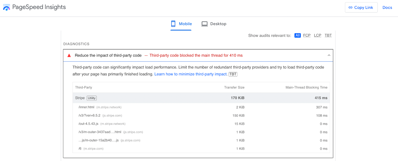 Évaluation Google Lighthouse Page Speed ​​recommandant de « réduire l'impact du code tiers »