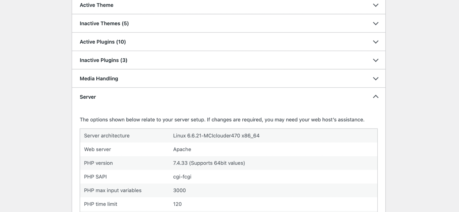 Ansicht des Site Health-Bildschirms innerhalb der Tools im WordPress-Dashboard, insbesondere im Abschnitt „Server“, wo die PHP-Version zu finden ist.