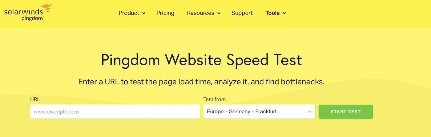 Solarwinds Pingdom-Testseite mit URL- und Standortfeldern zum Testen der Seitenleistung.