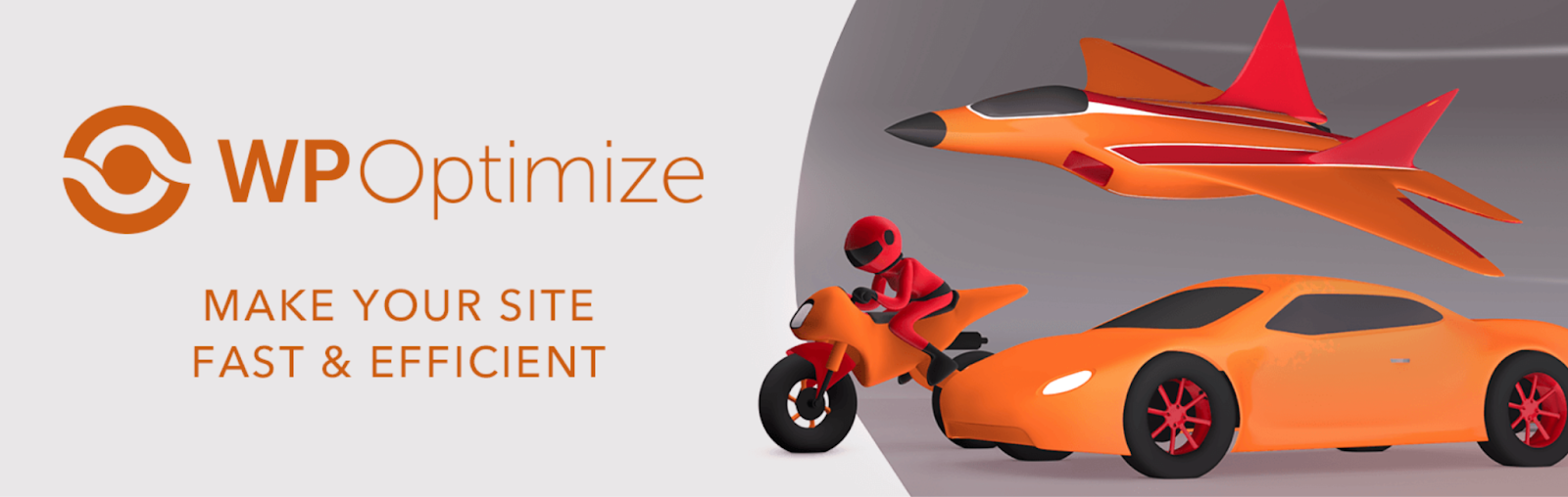 WP Optimize-Grafik mit CTA-Text und einem Motorrad, Jet und Sportwagen.