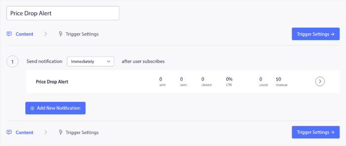 Configurações de conteúdo de alerta de queda de preço