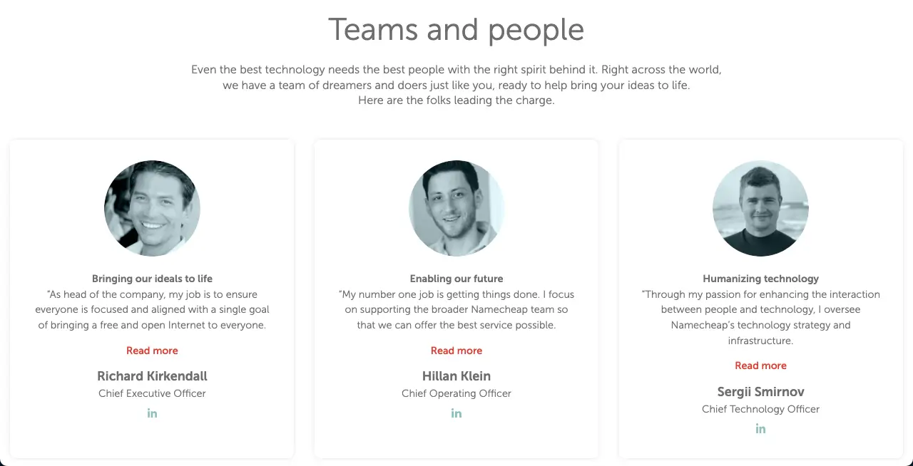 Namecheap meet the team page