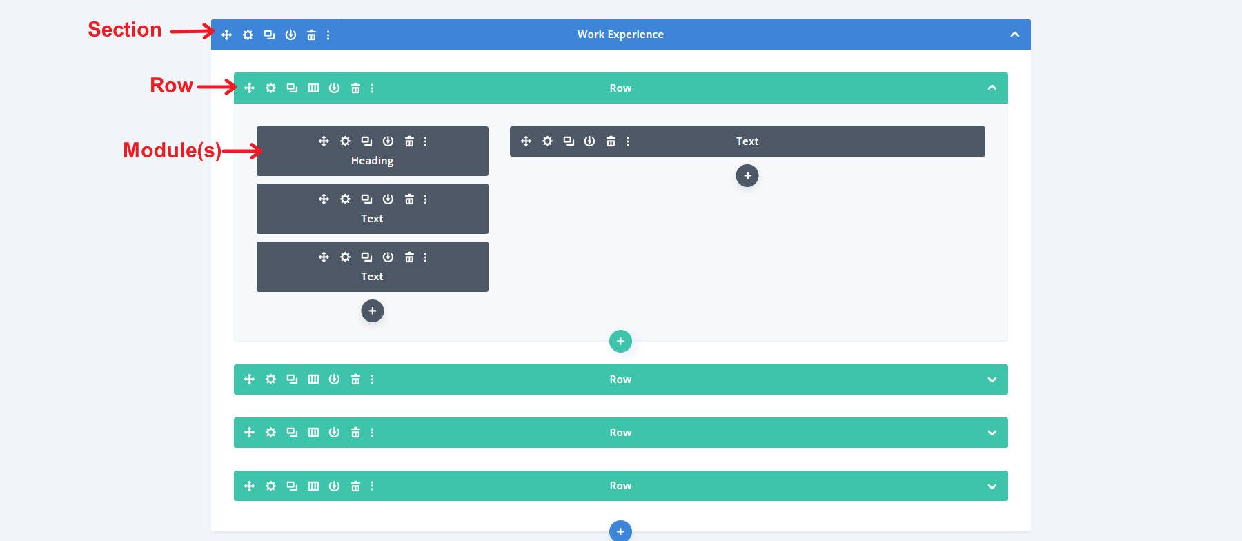 Vue filaire Divi des sections, des lignes et des modules