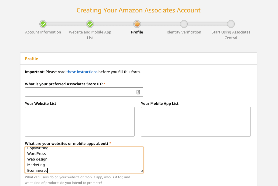 Crie uma conta de associados Amazon