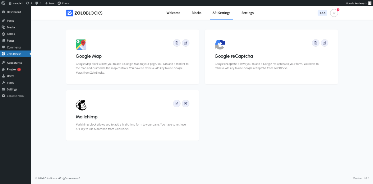 หน้าการตั้งค่า ZoloBlocks API ที่แสดงตัวเลือกสำหรับ Google Maps, Google reCAPTCHA และ Mailchimp