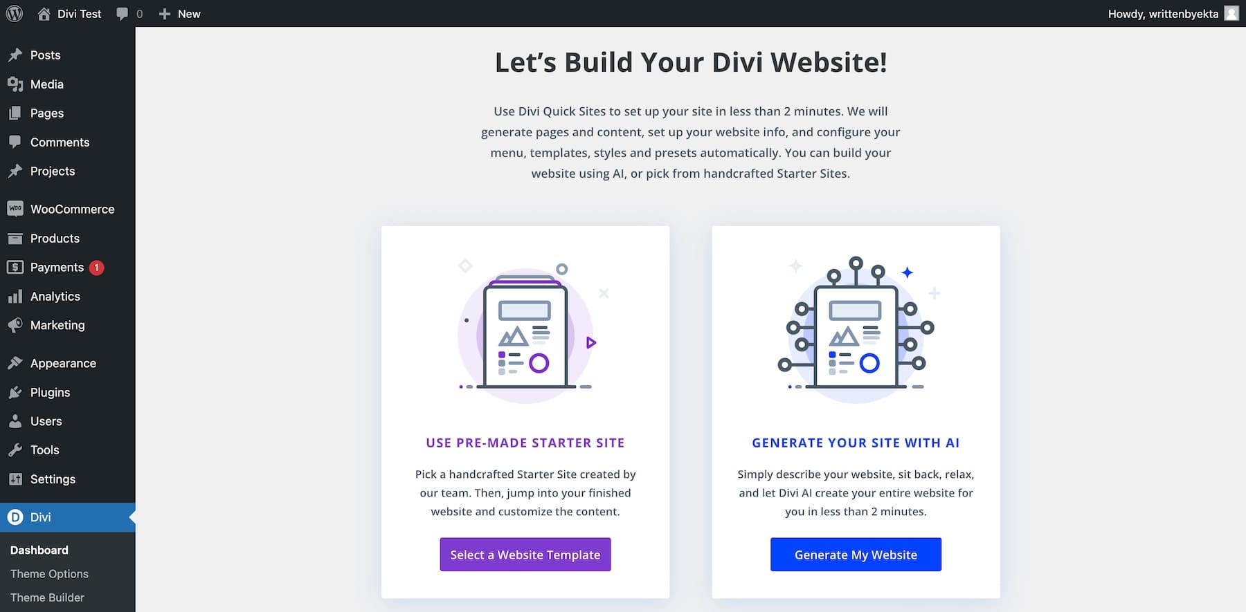 生成站点有两种方式：divi ai 和 starter site