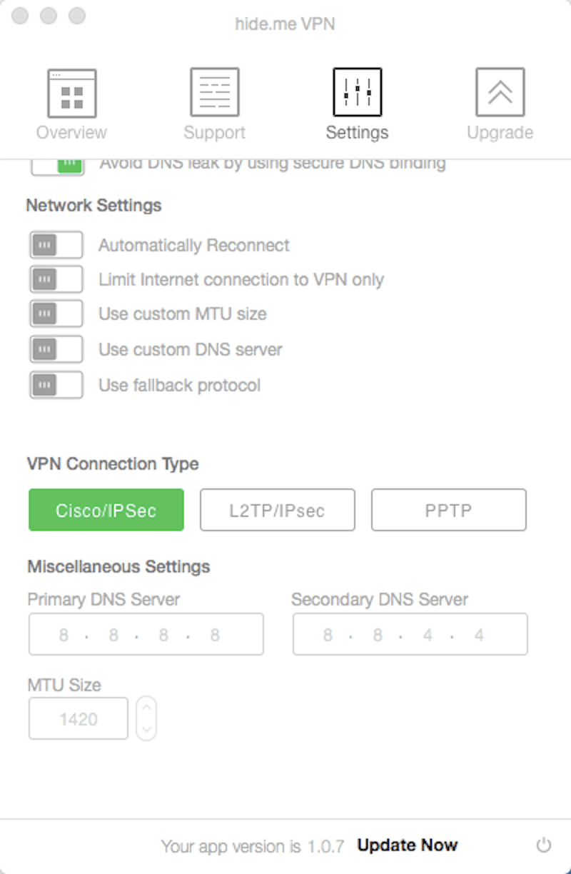 Connessione alle impostazioni di HideMe