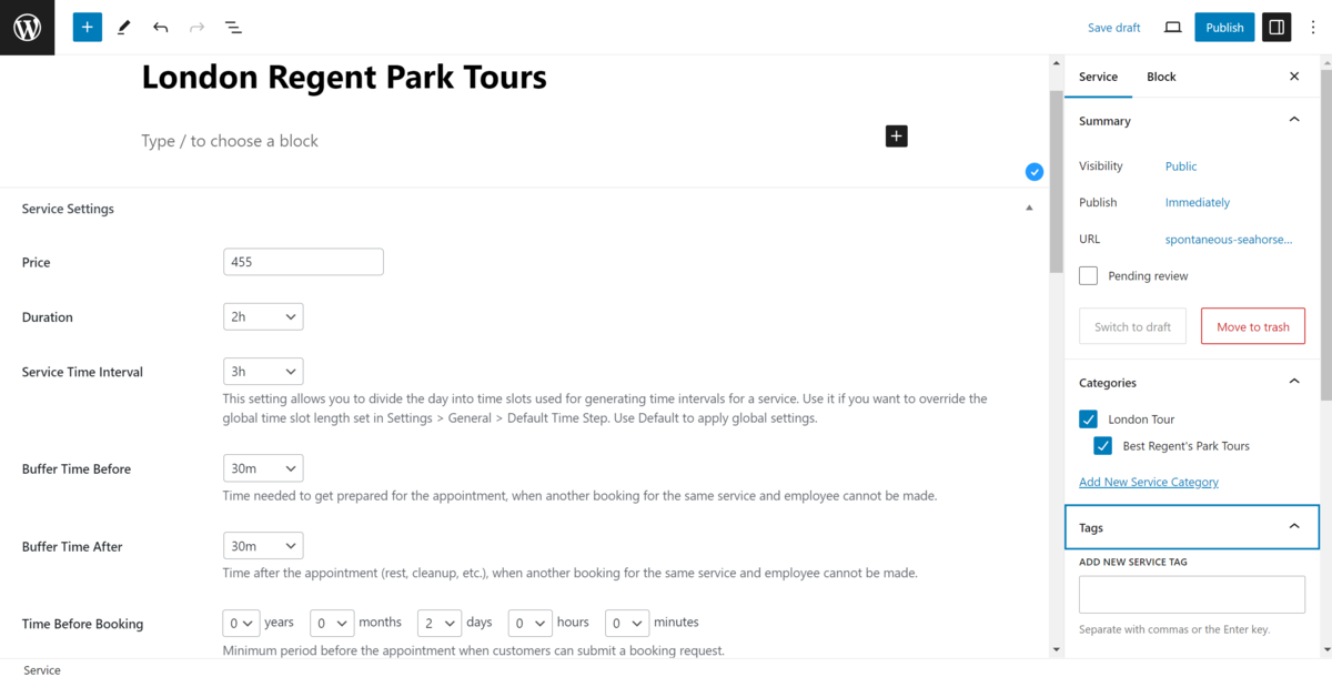 การเพิ่มบริการทัวร์ใหม่ภายใน Block Editor