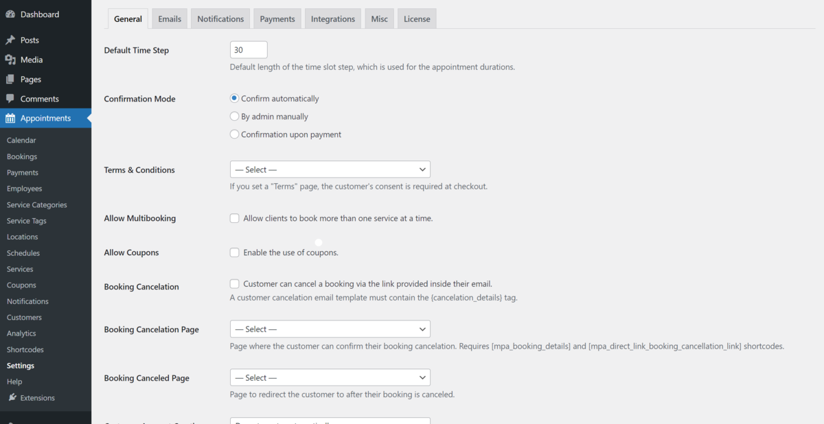 Seção de configuração inicial para configurar o plugin de reserva de compromissos do WordPress pelo MotoPress