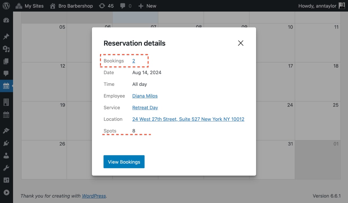 รายละเอียดการจอง การจองงาน WordPress