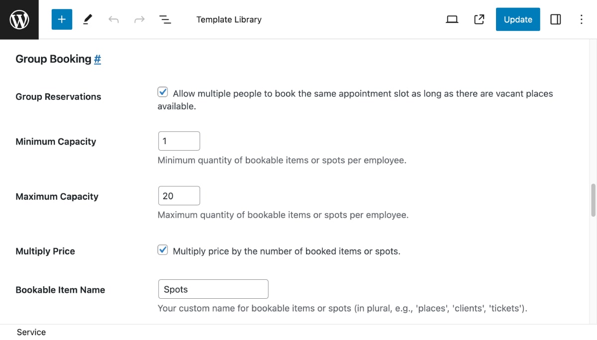 WordPressのグループ予約設定。