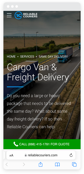 Die mobile Version der Landingpage von Reliable Couriers