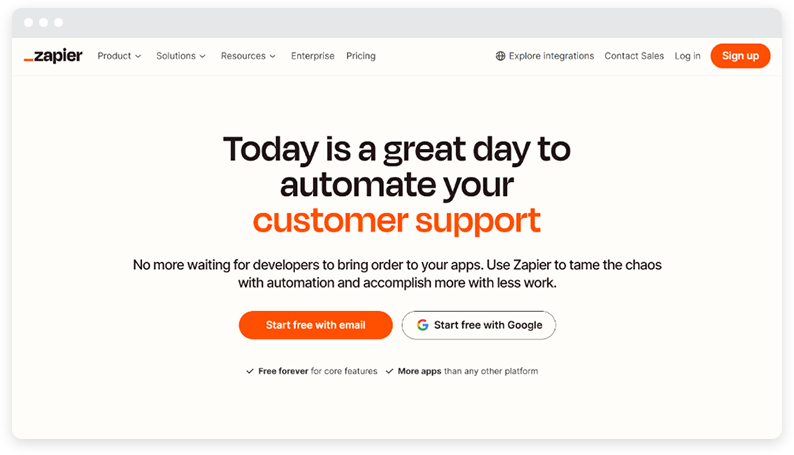 صفحة Zapier المقصودة ذات خلفية بيضاء ونص برتقالي