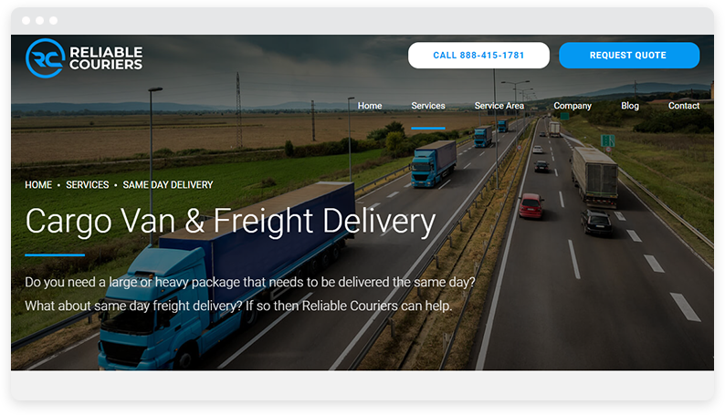 Screenshot der Homepage von Reliable Couriers