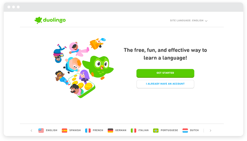 La pagina di destinazione di Duolingo con pulsante verde su sfondo bianco