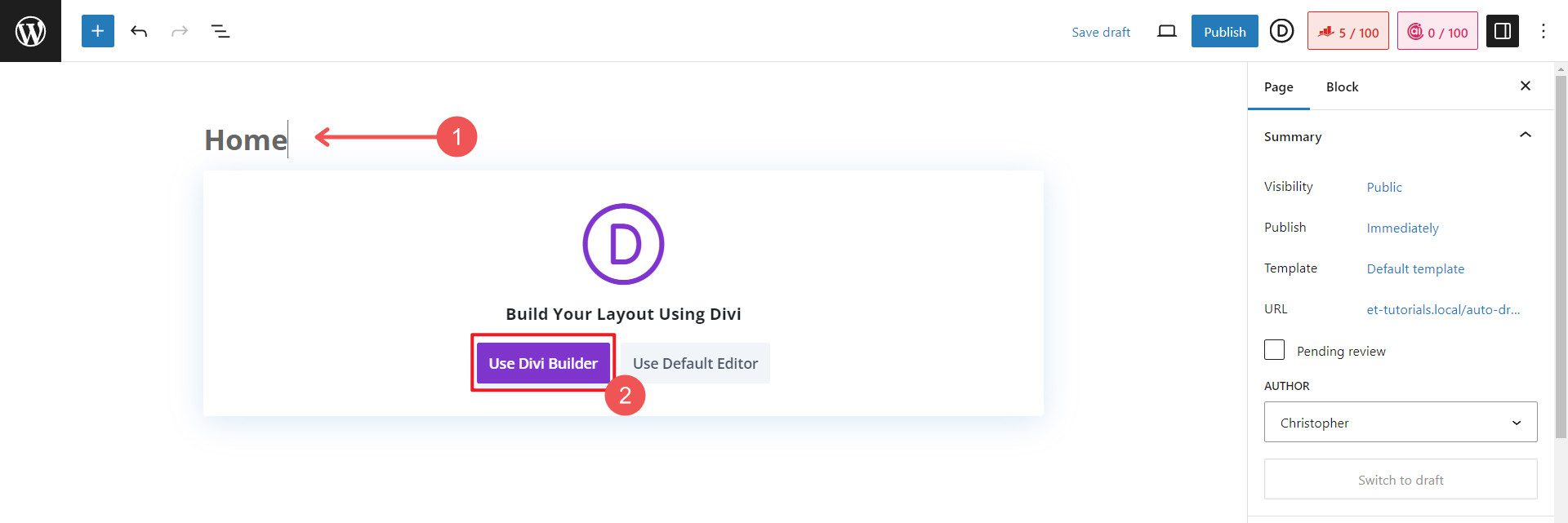 Construir nova página com modelo Divi - etapas 3-4