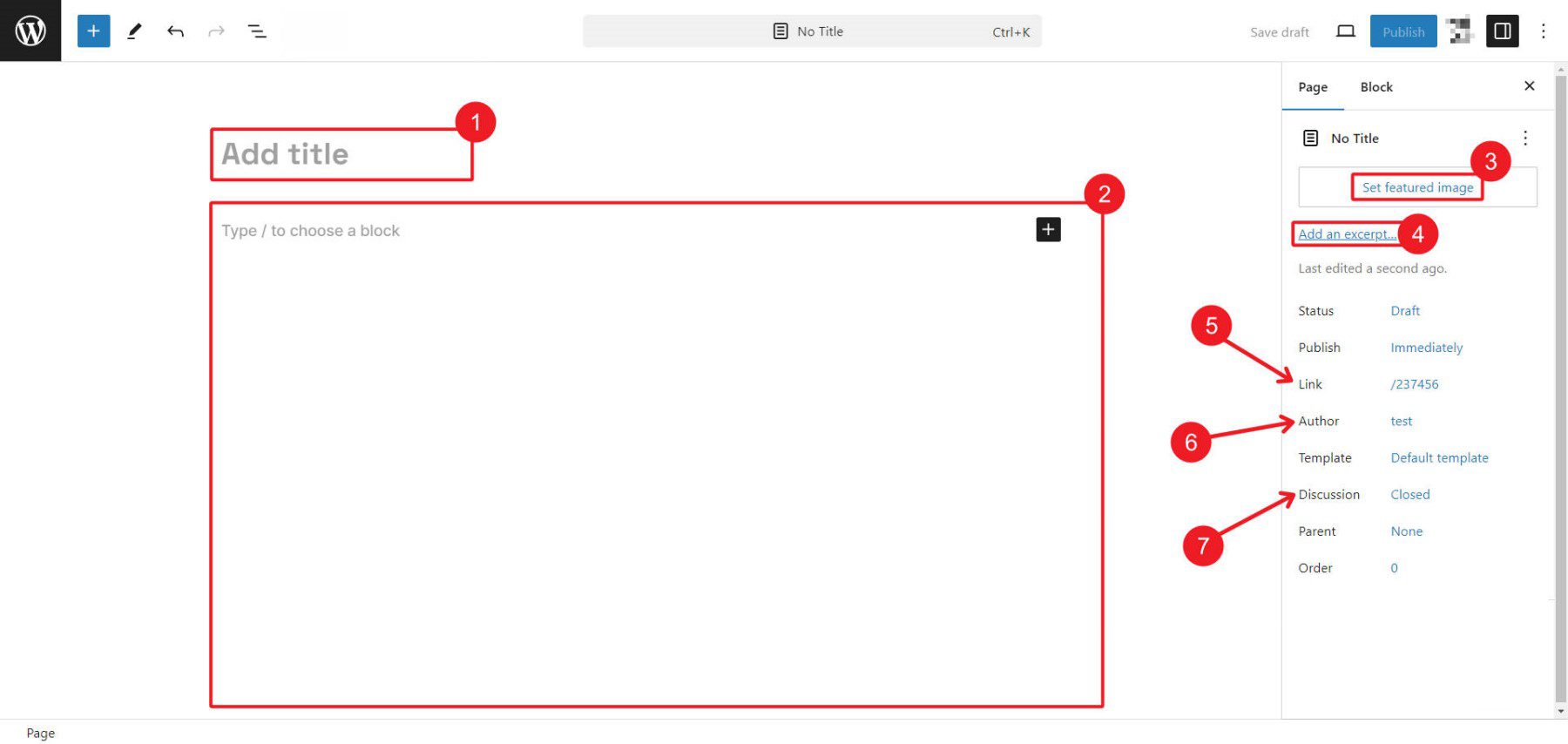 Visão geral da página do WP Block Editor dos elementos e recursos da interface do usuário